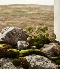 Wall Mural - Closeup of Moss Growing on Rocks With a View of a Hill in the Background