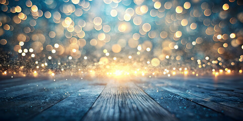 Wall Mural - Golden Bokeh Lights Over Rustic Wood