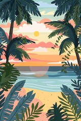 Wall Mural - Tropical Beach Sunset Landscape Illustration