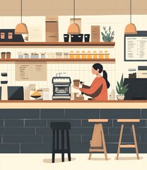 Canvas Print - Coffee Shop Illustration with a Barista Making Coffee