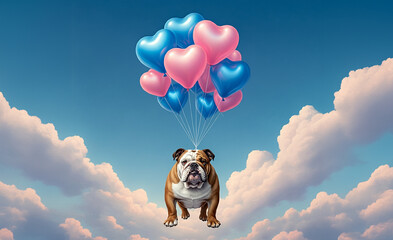 Wall Mural - English bulldog dog puppy flying with balloons, floating in the sky, cute and funny surrealism image