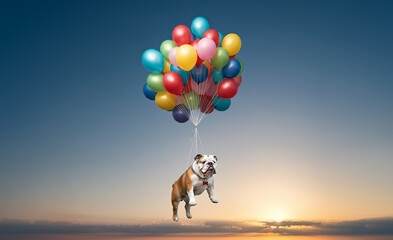 Wall Mural - English bulldog dog puppy flying with balloons, floating in the sky, cute and funny surrealism image