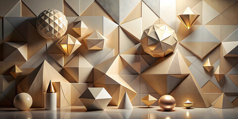 Poster - golden geometric harmony: abstract 3d render of luminous, low-poly golden shapes, creating a captiva