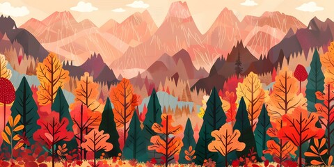 Sticker - Autumn Landscape with Mountains and Forest