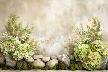 Canvas Print - Green Floral Nature Background with Stones and Moss