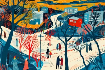 Canvas Print - Winter Illustration of People Walking in a Snowy Landscape