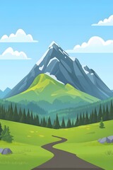 Canvas Print - Green Meadow Pathway Leading to Snowy Mountain Peak Illustration