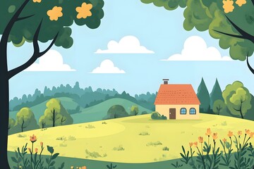 Poster - Beautiful Cartoon Illustration of a Country House with Flowers