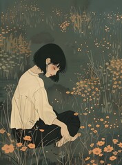 Canvas Print - Girl Sitting in a Field of Flowers