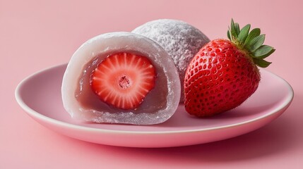 Delicious Ichigo Daifuku: Traditional Japanese Mochi with Red Bean Paste and Fresh Strawberry on Solid Color Background