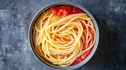 Canvas Print - A top view of a can of spaghetti in tomato sauce, neatly coiled inside