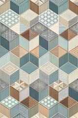 Poster - Geometric Illusion: A captivating tapestry of teal and wood-grain cubes, interwoven with subtle patterns, forms a mesmerizing 3D illusion. 