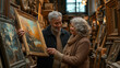 © mikhailberkut - Elderly couple enjoying art in an antique gallery filled with framed paintings