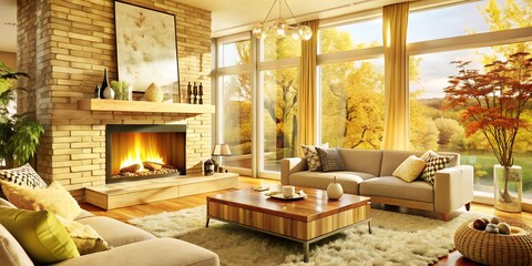 Poster - Modern living room with fireplace.