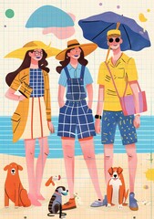 Wall Mural - Three Friends On The Beach With Their Dogs