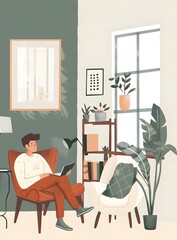 Wall Mural - Man Sitting in Armchair with Laptop in Living Room