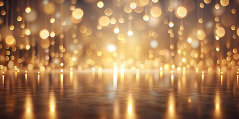 Poster - Golden Sparkle Stage: A captivating backdrop of shimmering gold bokeh, casting a radiant glow on a reflective surface, ideal for luxurious product displays or celebratory presentations. 