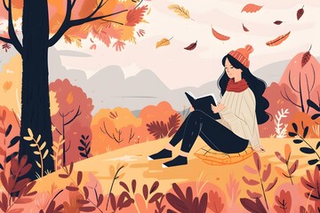 Sticker - Autumn Reading Illustration with Woman in Forest