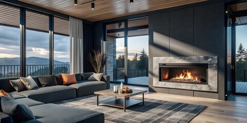 Poster - Modern living room with fireplace.