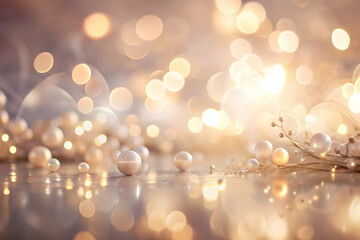 Poster - Shimmering Pearls & Golden Lights: A delicate arrangement of pearls and glittering lights reflects the warmth and elegance of a special occasion. The soft focus and warm tones create an inviting and l