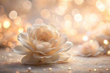 Golden Serenity: A pristine white dahlia blooms amidst a bokeh of warm lights, its delicate beauty reflected in a pool of shimmering water. 