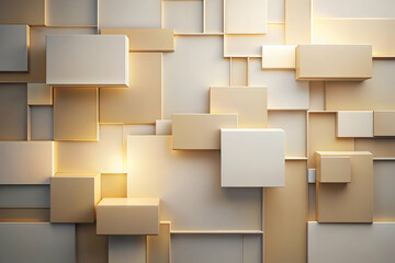 Poster - Golden Geometry: A mesmerizing 3D render of white and gold cubes, interlocked in a captivating dance of light and shadow. 