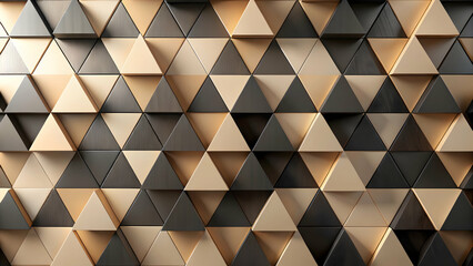 Poster - Golden Geometry: A captivating interplay of light and shadow dances across a luxurious wall of geometric triangles, rendered in sleek black and shimmering gold.