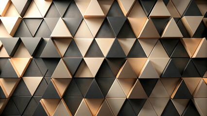 Poster - Golden Geometry: A captivating interplay of light and shadow dances across a luxurious wall of geometric triangles, rendered in sleek black and shimmering gold.