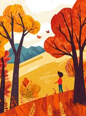 Sticker - Autumn Landscape with a Girl Looking at Butterflies