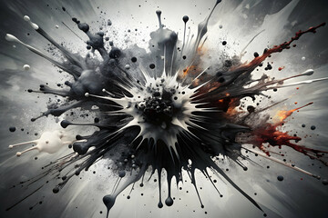 Poster - Ink Explosion: A dramatic black ink splatter explodes across a textured gray background in this abstract art piece.  