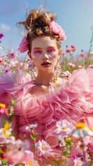 Wall Mural - A woman in a pink dress is standing in a field of flowers