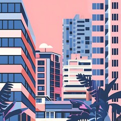 Poster - Cityscape Illustration with Pink and Blue Buildings