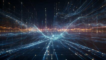 Poster - cosmic data streams: a mesmerizing dance of vibrant blue and fiery orange energy streaks through a d