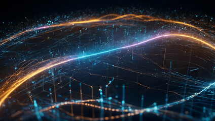 Poster - cosmic data streams: a mesmerizing dance of vibrant blue and fiery orange energy streaks through a d