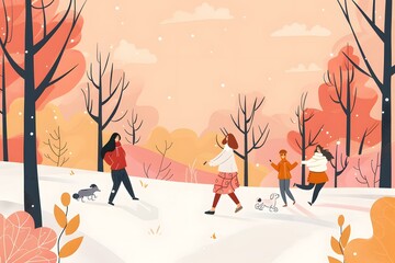 Canvas Print - Winter Walk with Friends and Dogs in Park Illustration