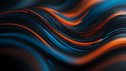 Poster - Neon Flow: Abstract waves of blue and orange energy course through a dark digital space.