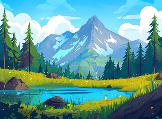 Poster - Mountain Lake and Forest Landscape Illustration