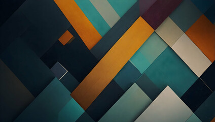 Poster - Geometric Tapestry: A symphony of teal, orange, and gray shapes interweave in a modern abstract design, ideal for backgrounds and digital art projects. 