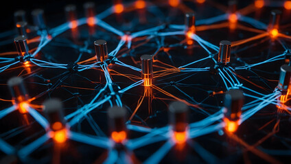 Poster - Abstract Network: A mesmerizing abstract pattern of glowing blue and orange lines, creating an intricate network of interconnected nodes on a dark background.  The image evokes a sense of dynamism