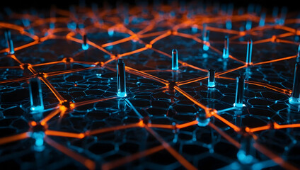 Poster - Abstract Network: A mesmerizing abstract pattern of glowing blue and orange lines, creating an intricate network of interconnected nodes on a dark background.  The image evokes a sense of dynamism