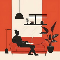 Wall Mural - Woman Reading a Book on a Red Sofa in a Modern Home