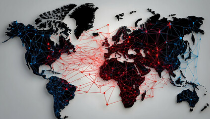 Poster - Global Connectivity: A striking 3D world map rendered in black, interwoven with intricate red and blue networks, symbolizing global interconnectedness and data flow.