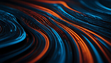 Poster - Molten Data Streams: Abstract waves of blue and orange digital energy flow and ripple, depicting the dynamic nature of information in the digital age.