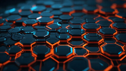 Poster - Glowing Hexagon Network: A futuristic, abstract design of interconnected hexagons illuminated with vibrant orange and blue light.  