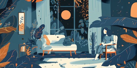 Sticker - Woman Sitting in Chair by Window with Plants and Moon