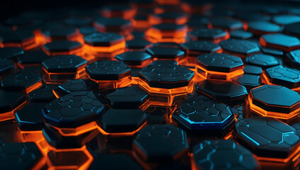 Poster - Abstract Hexagon Pattern: A close-up macro shot reveals a mesmerizing pattern of hexagonal shapes, bathed in warm orange and cool blue hues, evoking a sense of futuristic technology