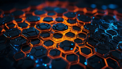 Poster - Abstract Hexagon Pattern: A close-up macro shot reveals a mesmerizing pattern of hexagonal shapes, bathed in warm orange and cool blue hues, evoking a sense of futuristic technology