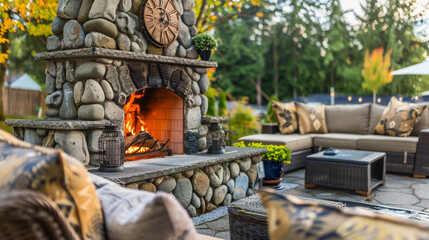 Close-up of a cozy outdoor fireplace with a stone chimney, surrounded by comfortable seating and soft cushions.