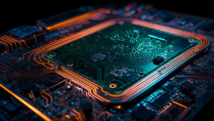 Poster - Circuitry Glow: A close-up, abstract shot of a circuit board bathed in mesmerizing blue and orange light, highlighting the intricate network of pathways that power modern technology. 