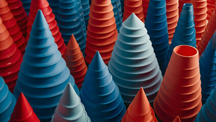 Wall Mural - Abstract Cones: A vibrant and abstract close-up of red and blue cones, creating a mesmerizing pattern of geometric shapes. The sharp angles and contrasting colors evoke a sense of energy and movement.